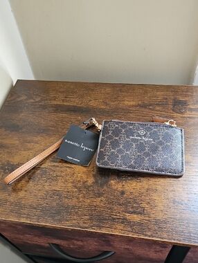 Nanette Lepore Brown Signature Zip Wristlet Card Case with Tan Strap